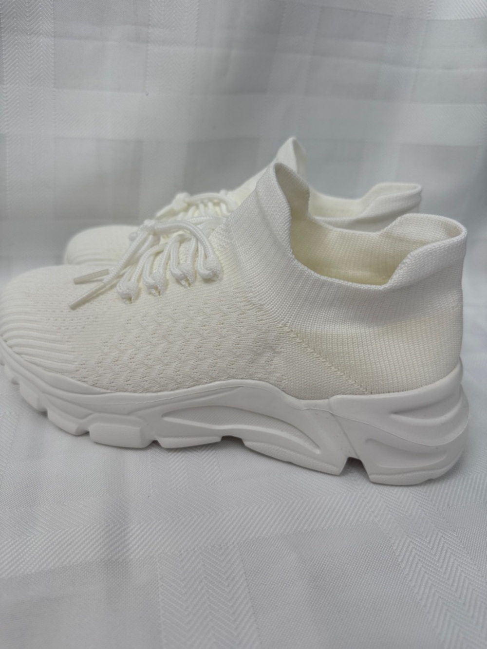 Women's White and Ivory/Cream Knit Slip-On Sneakers - Picture 5 of 12